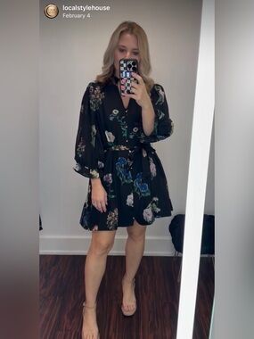 Black Floral Wrap Mini Dress with Tie Waist